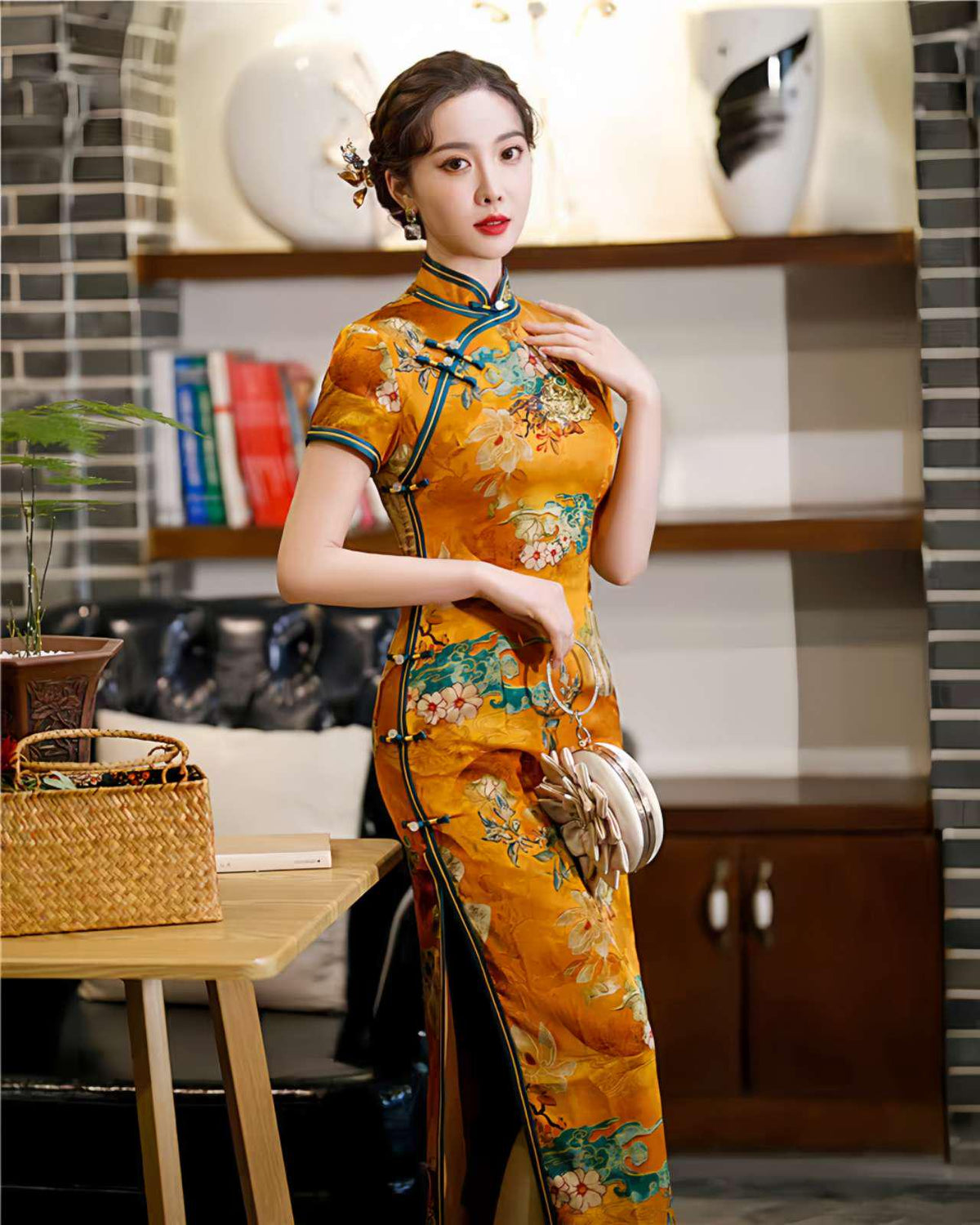 Women's Floral Satin Qipao Cheongsam Dress – Yellow – additional product view