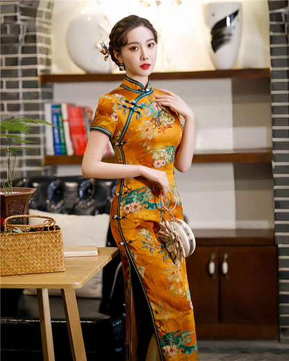 Women's Floral Satin Qipao Cheongsam Dress – Yellow – additional product view