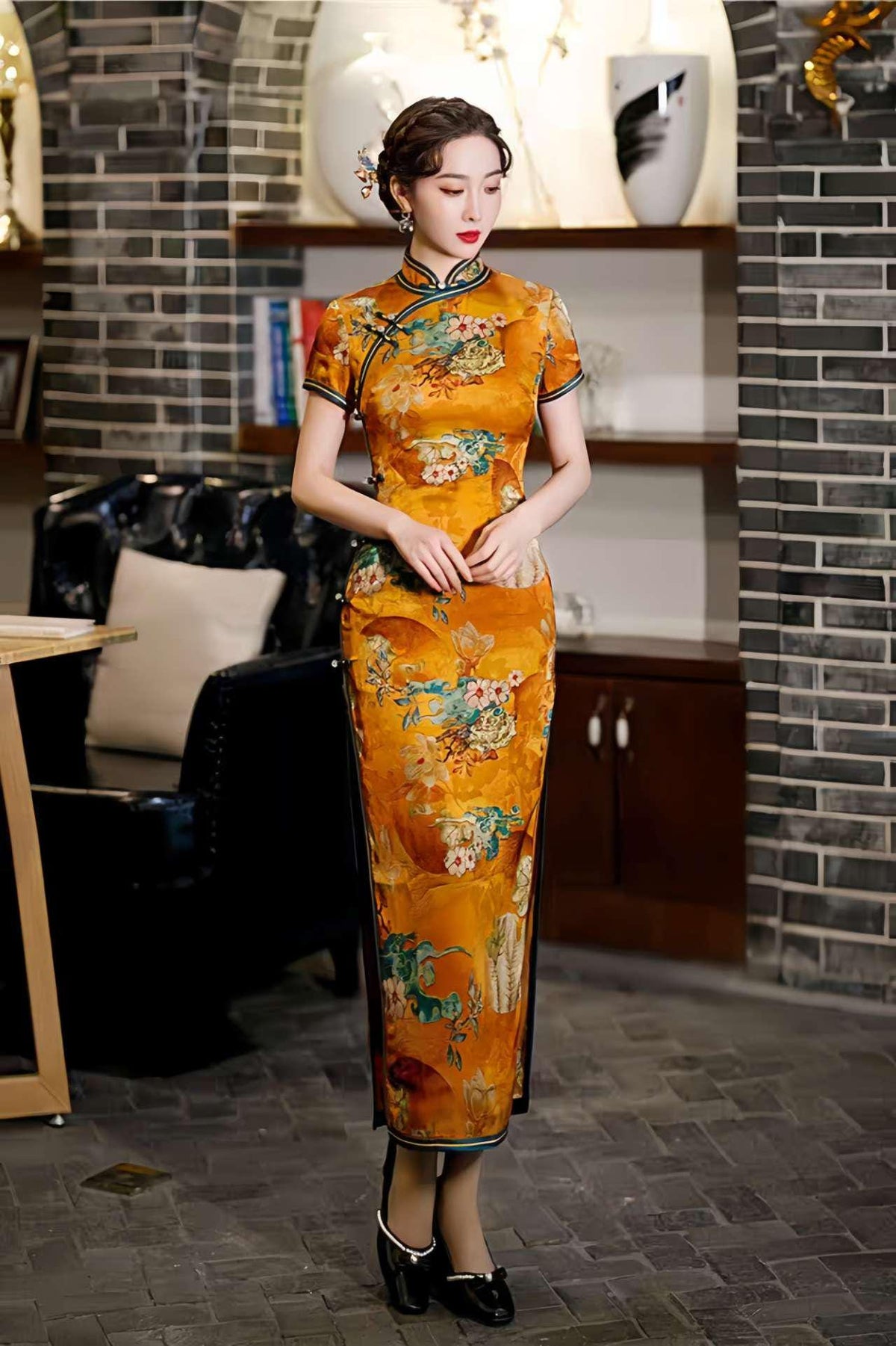 Women's Floral Satin Qipao Cheongsam Dress – Yellow – additional product view