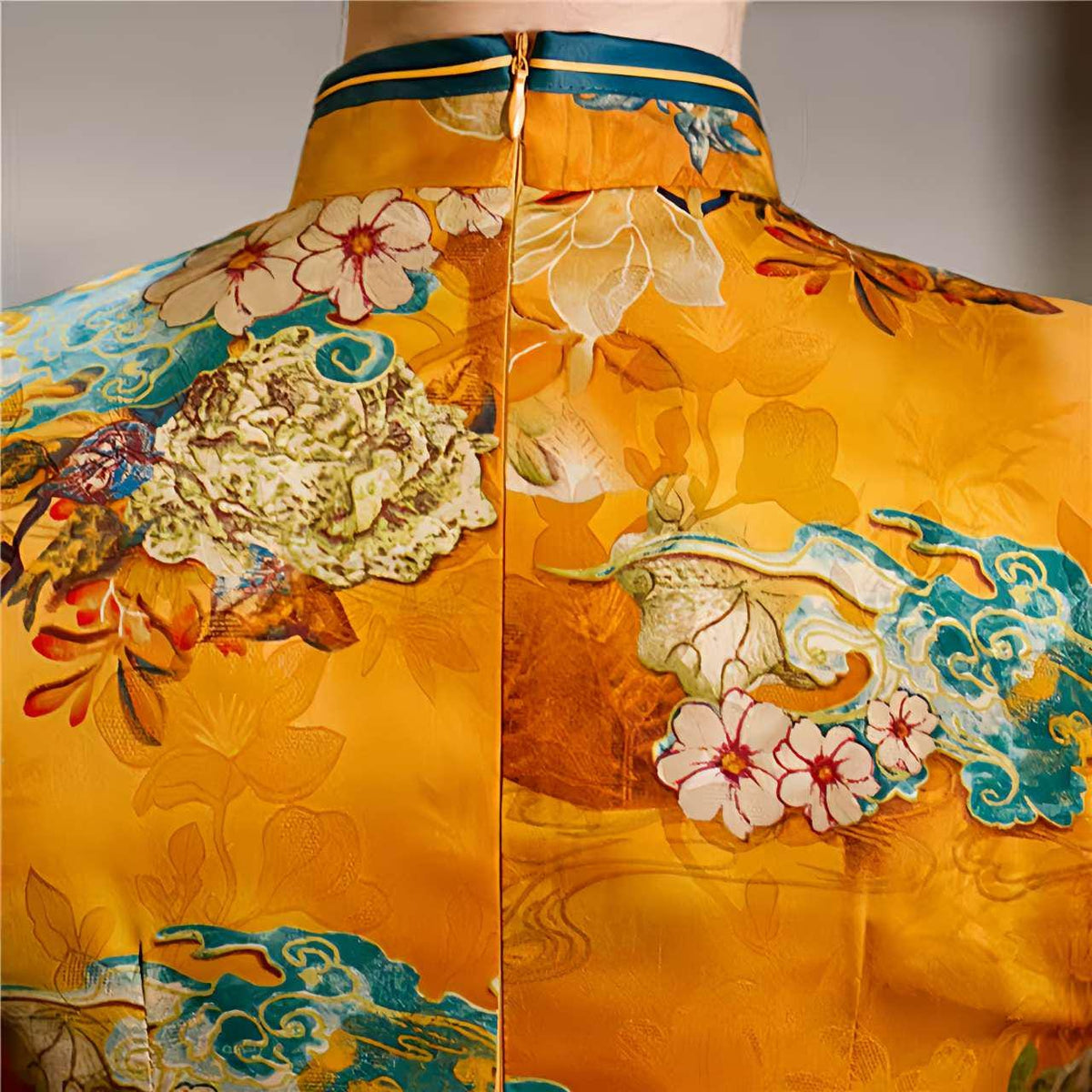 Women's Floral Satin Qipao Cheongsam Dress – Yellow – additional product view