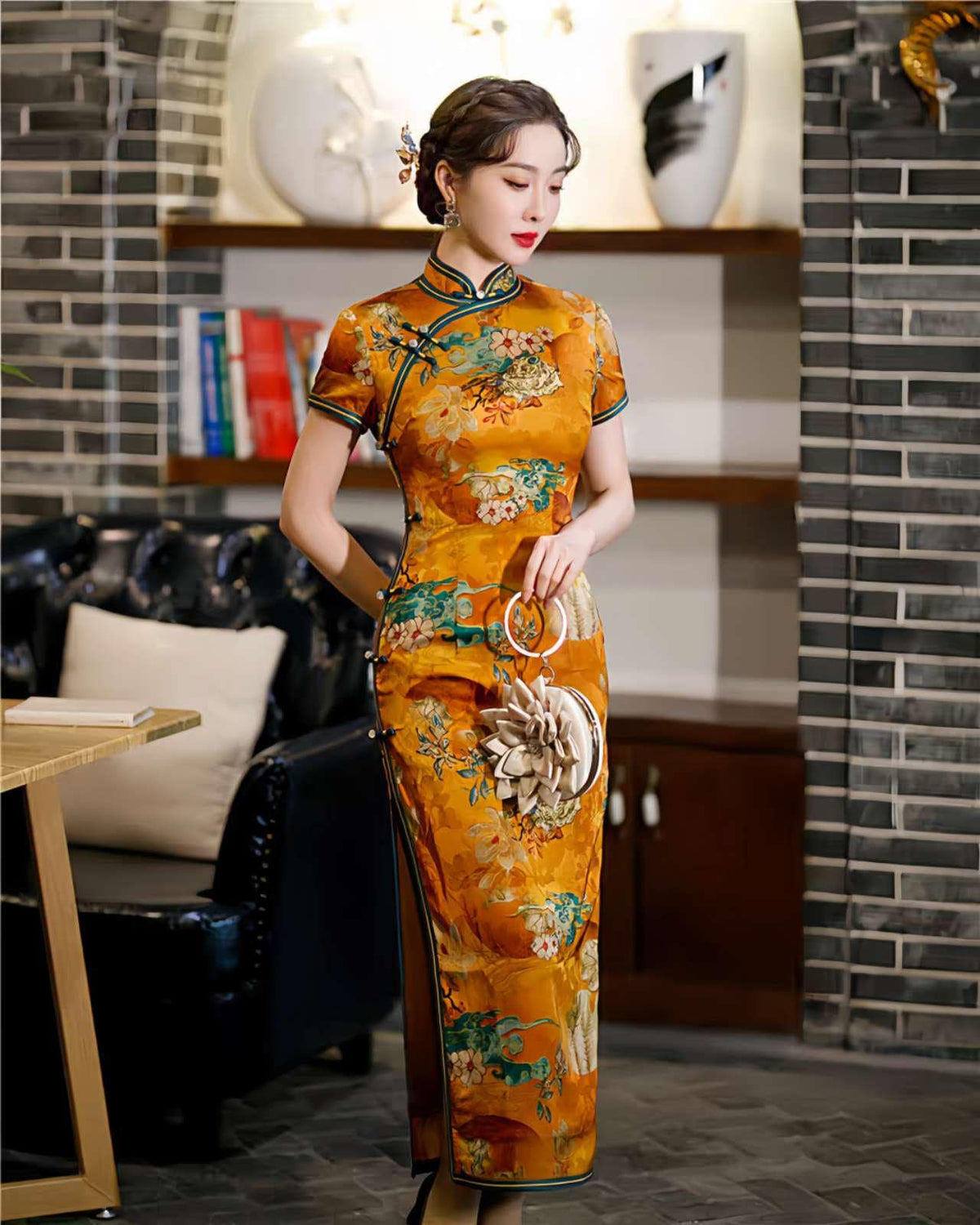 Women's Floral Satin Qipao Cheongsam Dress – Yellow – additional product view