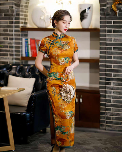 Women's Floral Satin Qipao Cheongsam Dress – Yellow – additional product view