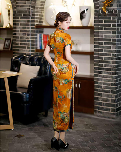 Women's Floral Satin Qipao Cheongsam Dress – Yellow – additional product view