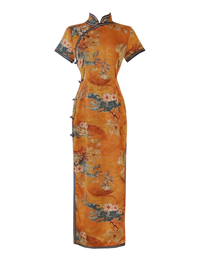 Women's Floral Satin Qipao Cheongsam Dress – Yellow – additional product view