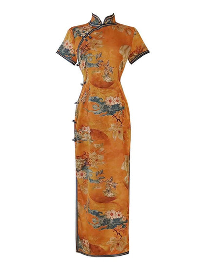 Women's Floral Satin Qipao Cheongsam Dress – Yellow – additional product view
