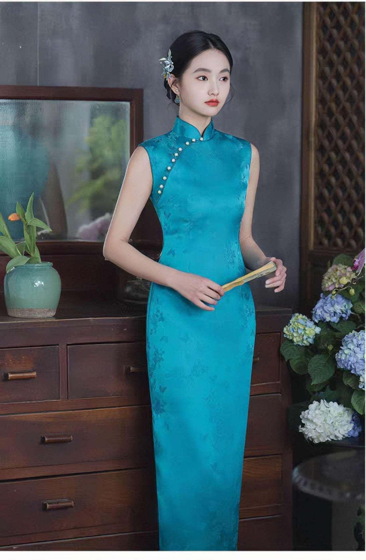 Women's Vintage Qipao Cheongsam Dress – Turquoise Jacquard – additional product view