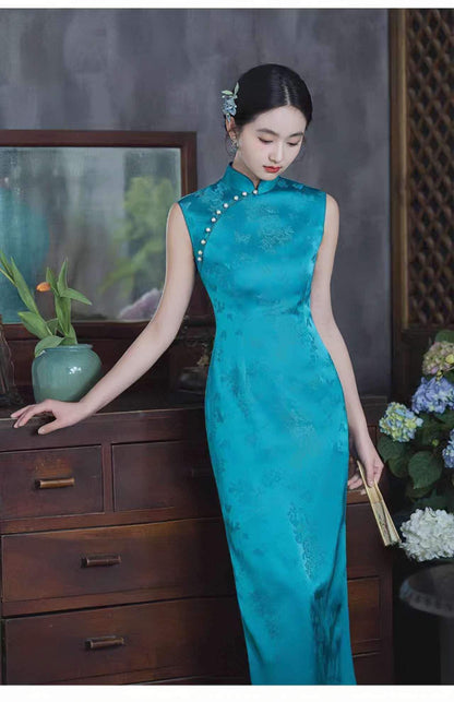 Women's Vintage Qipao Cheongsam Dress – Turquoise Jacquard