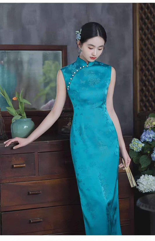 Women's Vintage Qipao Cheongsam Dress – Turquoise Jacquard