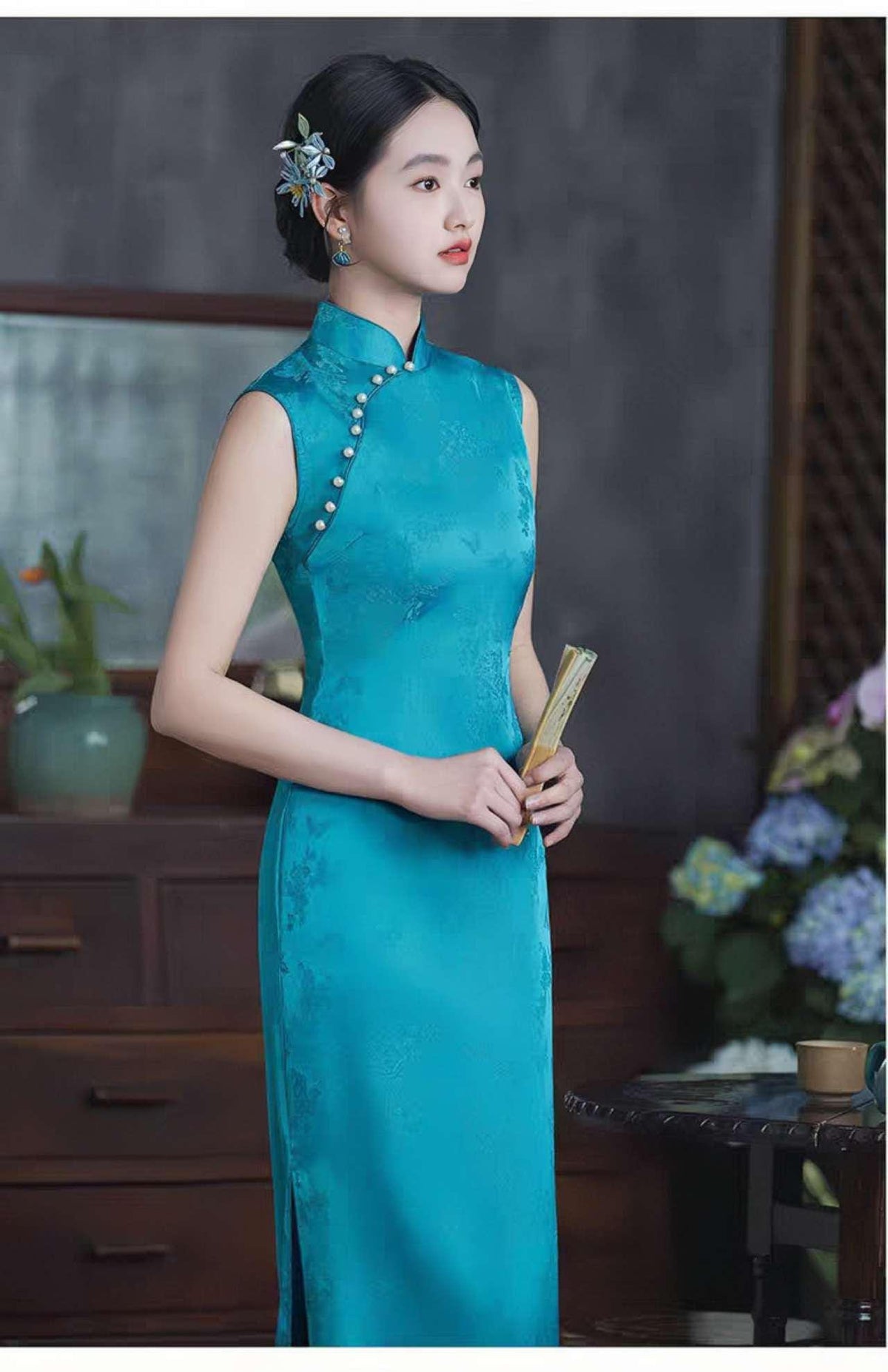 Women's Vintage Qipao Cheongsam Dress – Turquoise Jacquard – additional product view
