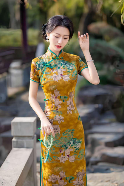 Women's Gold Vintage Silk Qipao Cheongsam Dress