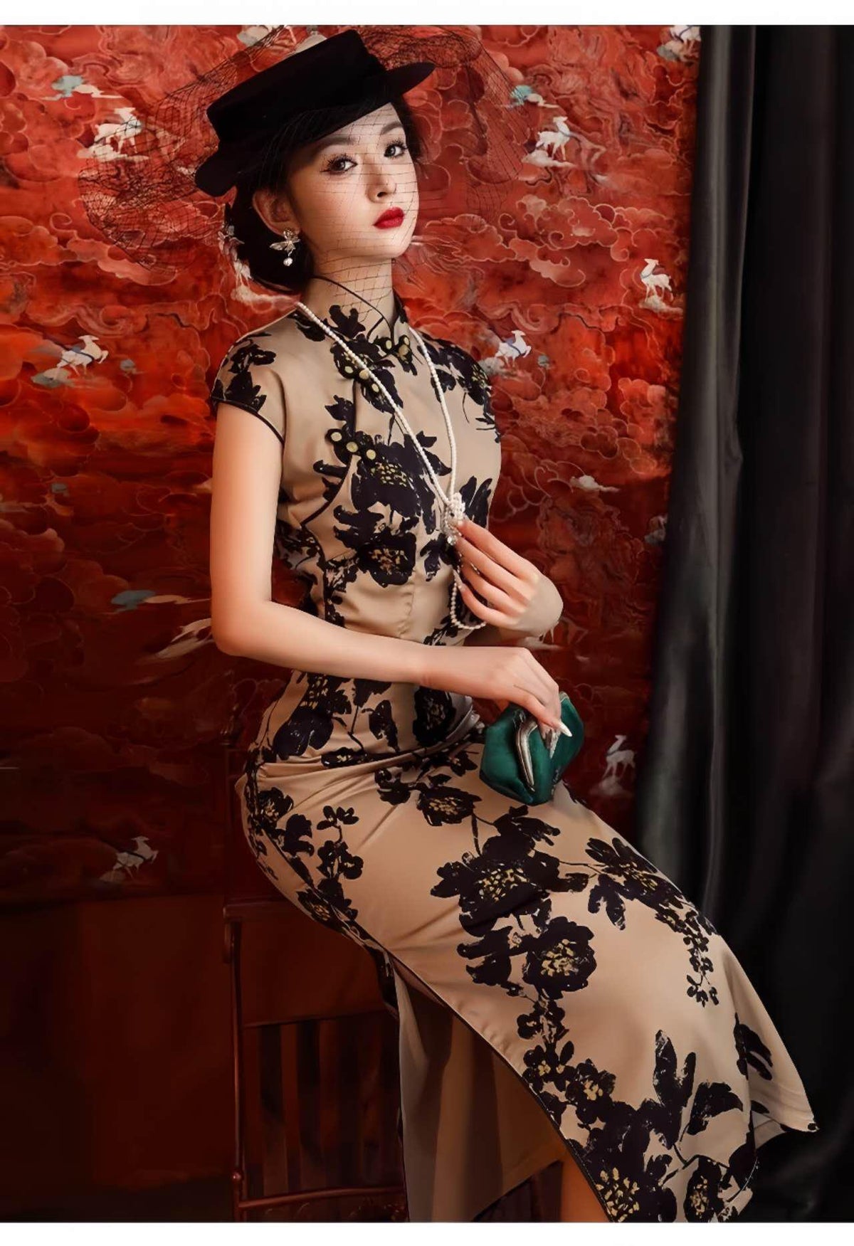 Women's Floral Qipao Cheongsam Dress – Velvet – additional product view
