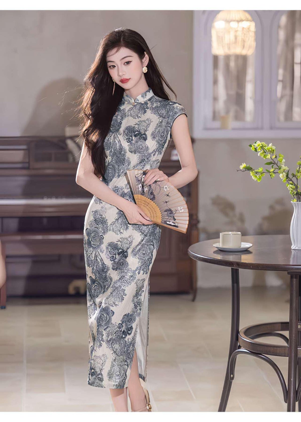 Women's Blue Floral Qipao Cheongsam Dress – additional product view
