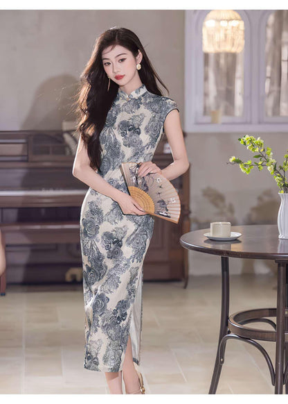 Women's Blue Floral Qipao Cheongsam Dress – additional product view