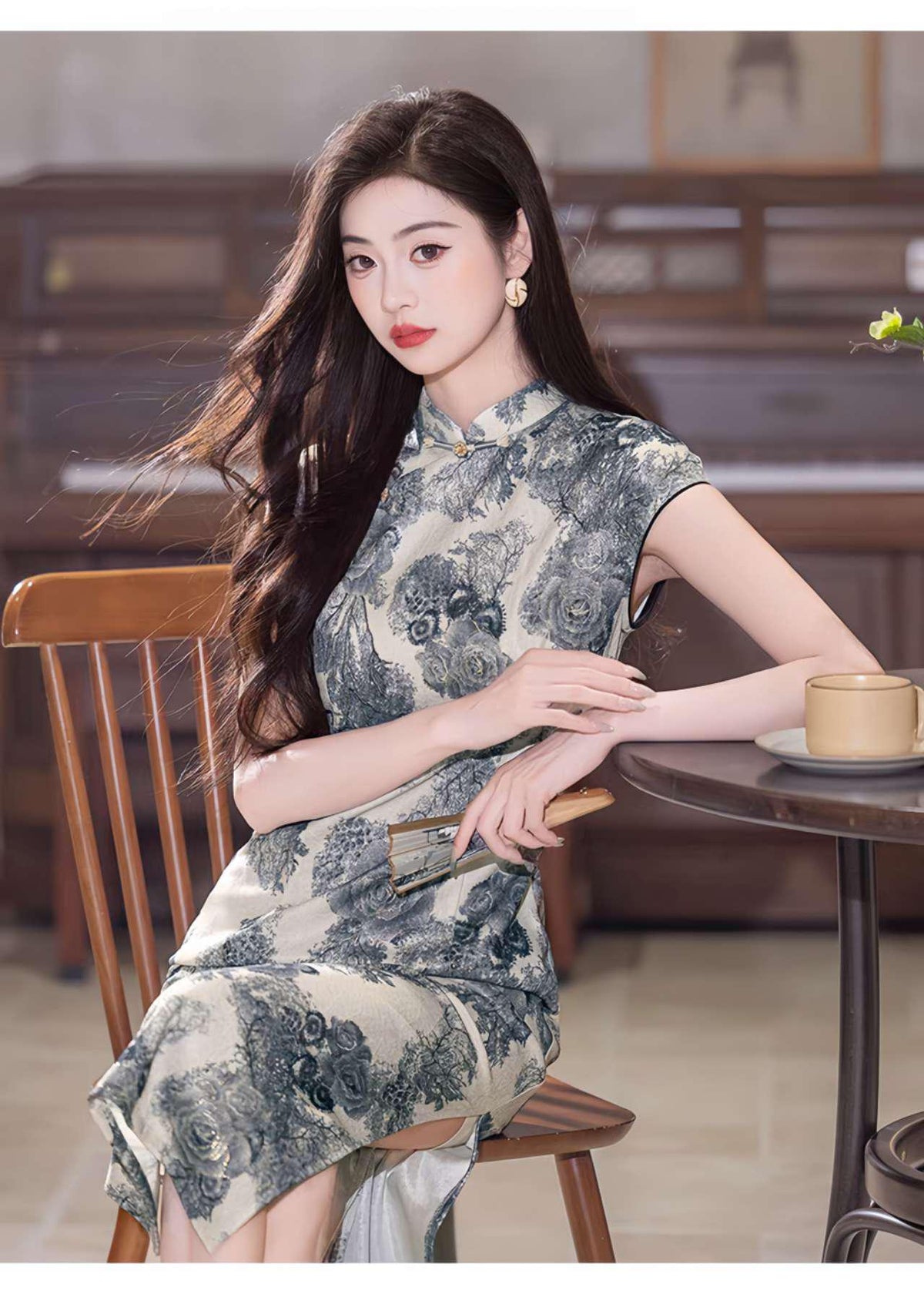 Women's Blue Floral Qipao Cheongsam Dress – additional product view