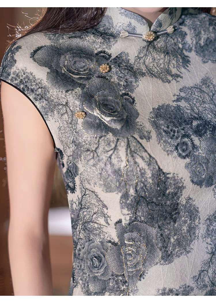 Women's Blue Floral Qipao Cheongsam Dress – additional product view