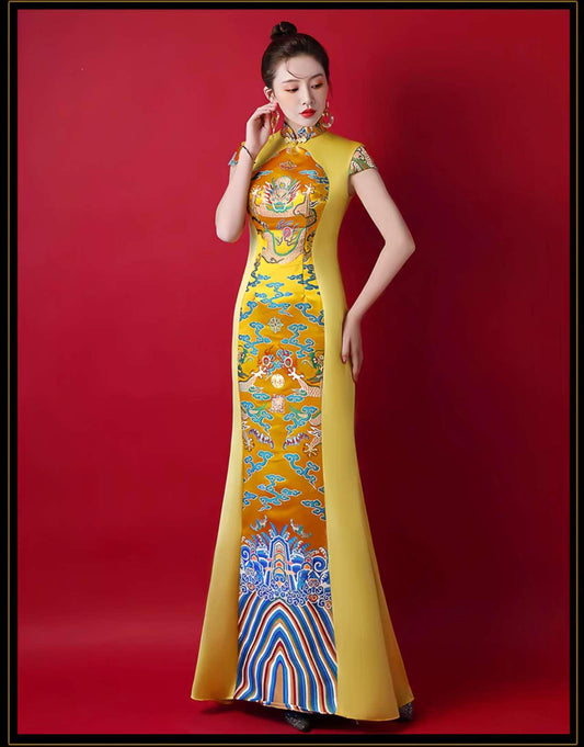 Women's Elegant Qipao Cheongsam Dress – Yellow Satin Embroidered Long