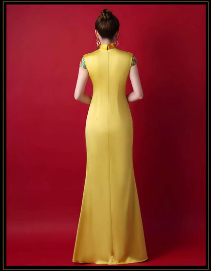 Women's Elegant Qipao Cheongsam Dress – Yellow Satin Embroidered Long – additional product view