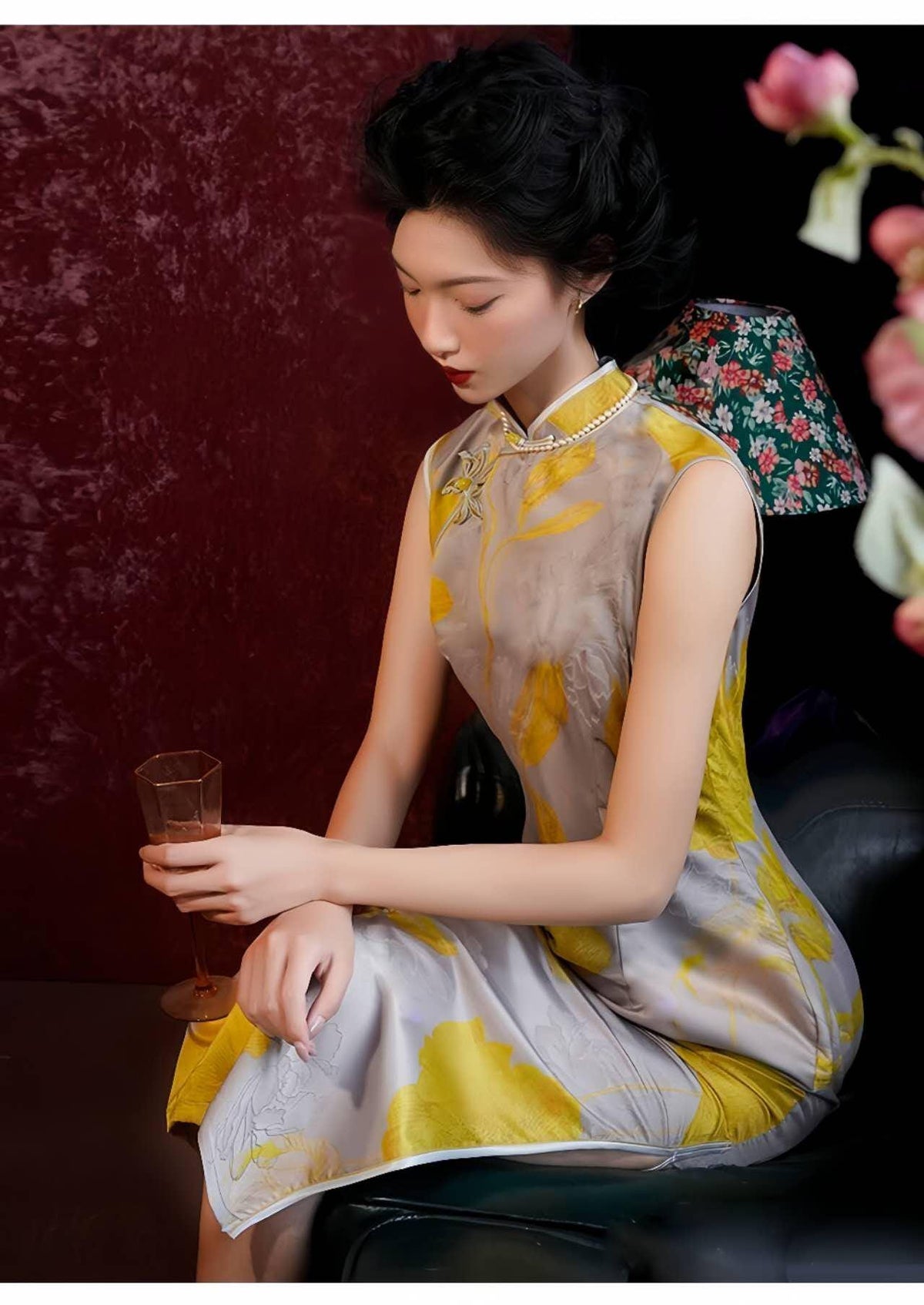 Women's Gold Floral Qipao Cheongsam Dress – Jacquard – additional product view