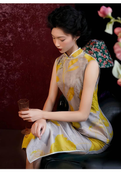 Women's Gold Floral Qipao Cheongsam Dress – Jacquard – additional product view