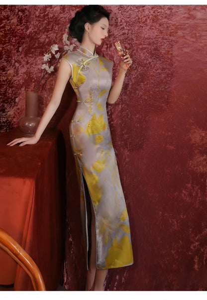 Women's Gold Floral Qipao Cheongsam Dress – Jacquard – additional product view