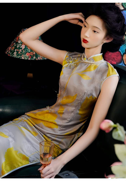 Women's Gold Floral Qipao Cheongsam Dress – Jacquard – additional product view