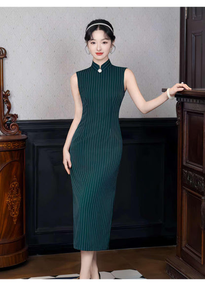 Women's Green Vintage Qipao Cheongsam Dress – Silk Striped Sleeveless – additional product view