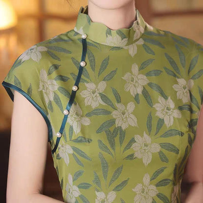 Women's Green Floral Brocade Qipao Cheongsam Dress – Spring Summer – additional product view
