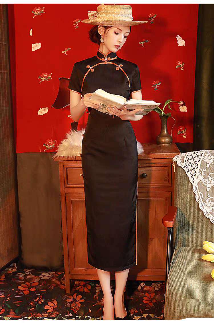 Women's Black Vintage Satin Qipao Cheongsam Dress – additional product view