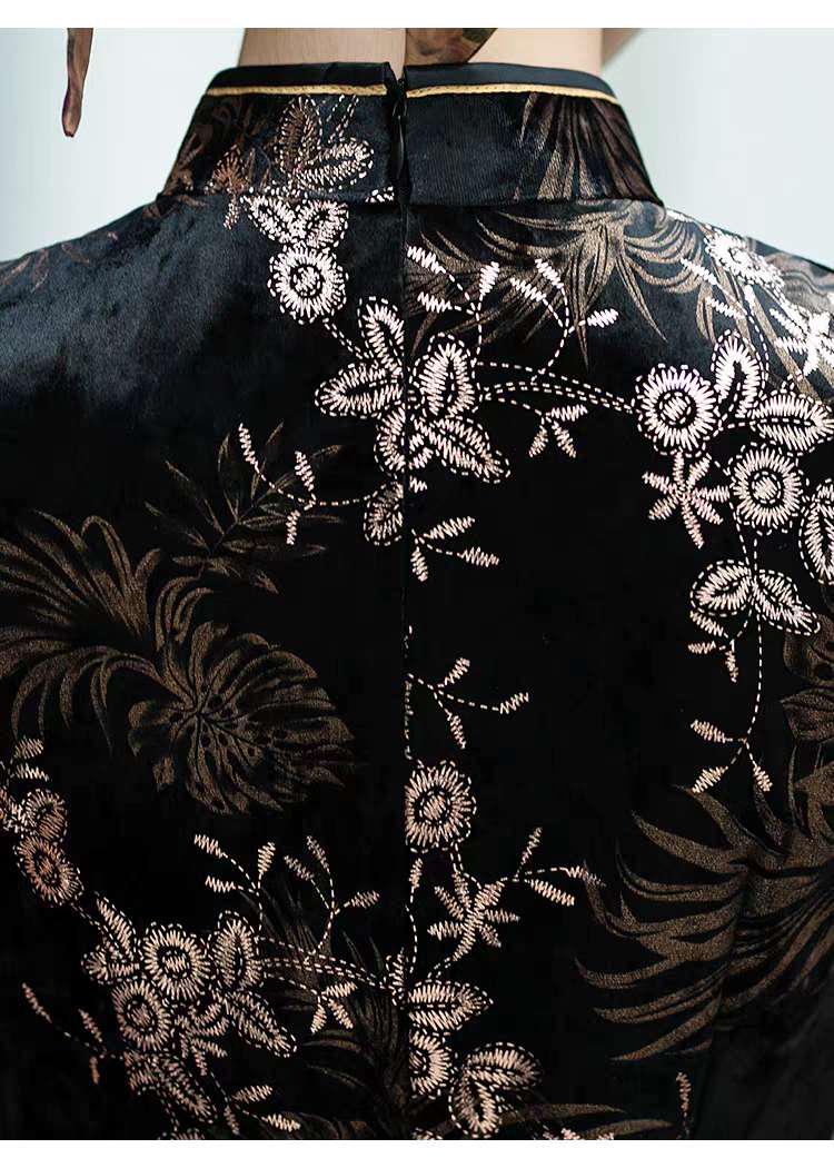 Women's Black Floral Velvet Qipao Cheongsam Dress – Floral Embroidery – additional product view