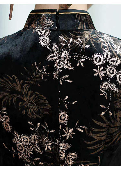 Women's Black Floral Velvet Qipao Cheongsam Dress – Floral Embroidery – additional product view
