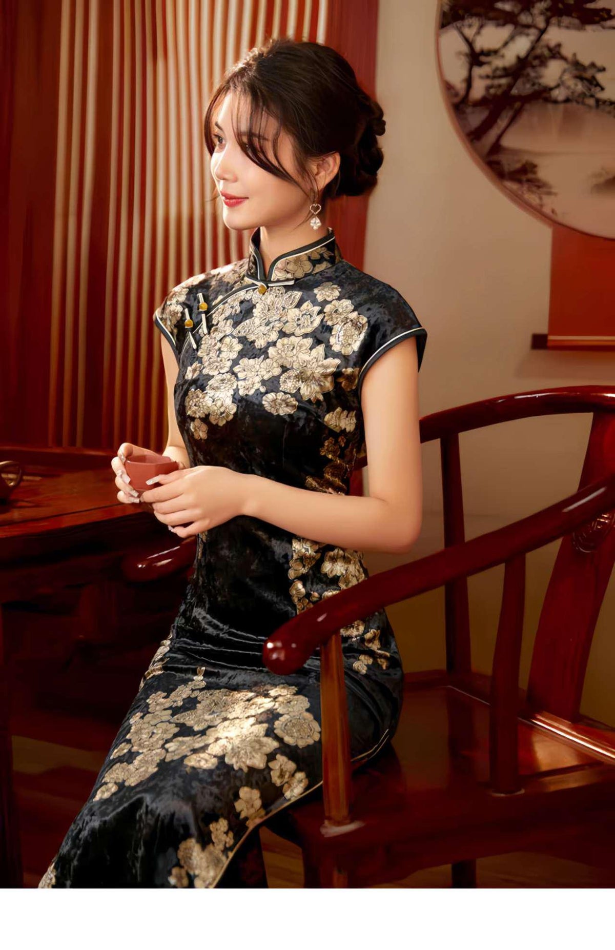 Women's Black Vintage Velvet Qipao Cheongsam Dress – additional product view