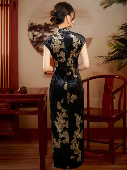 Women's Black Vintage Velvet Qipao Cheongsam Dress – additional product view