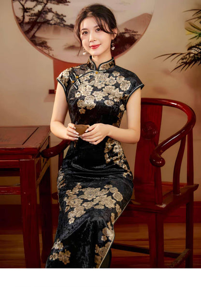Women's Black Vintage Velvet Qipao Cheongsam Dress
