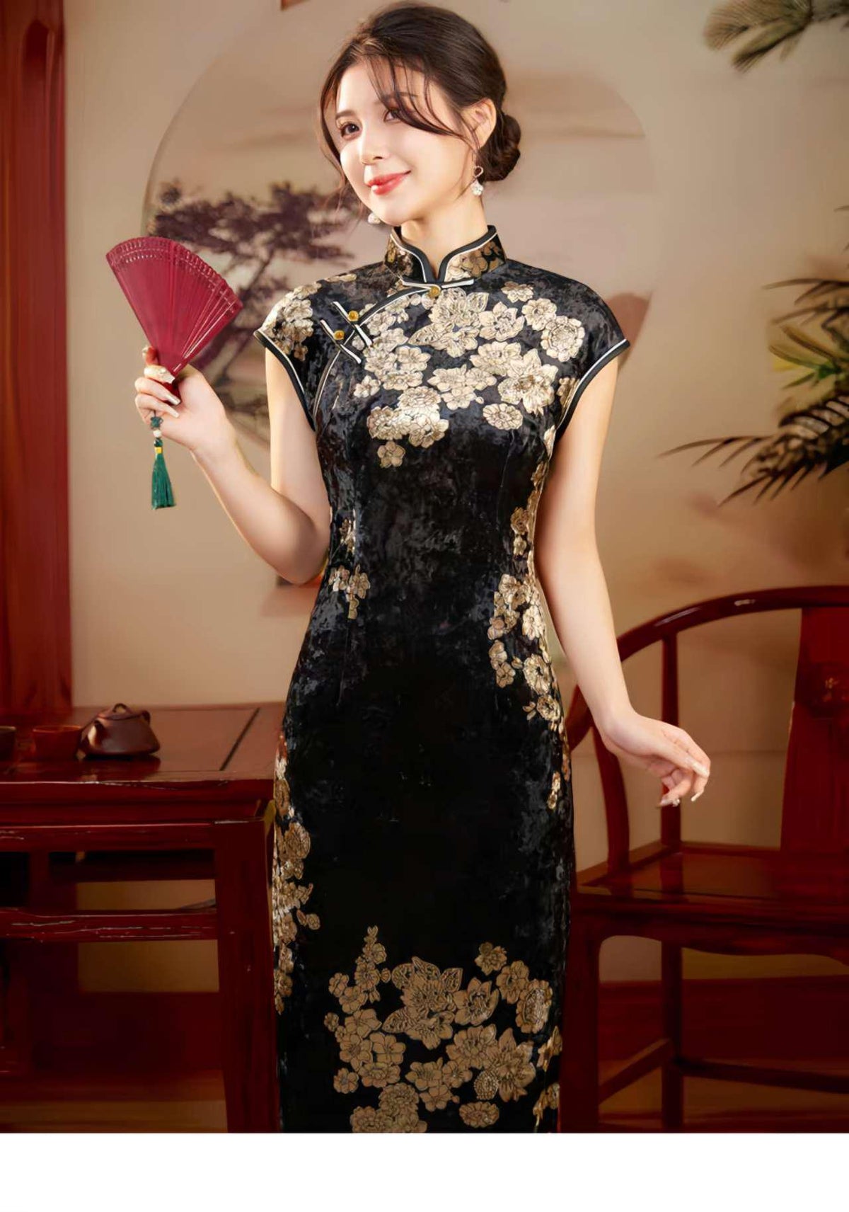 Women's Black Vintage Velvet Qipao Cheongsam Dress – additional product view