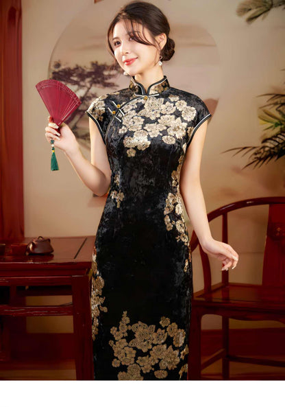 Women's Black Vintage Velvet Qipao Cheongsam Dress – additional product view