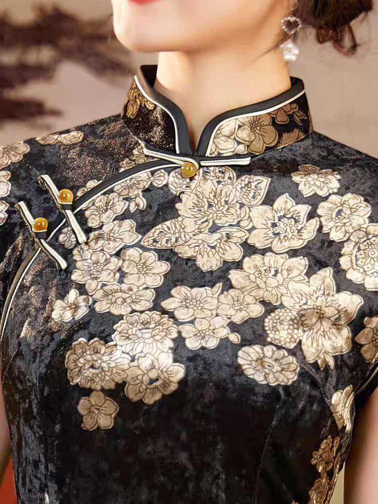 Women's Black Vintage Velvet Qipao Cheongsam Dress – additional product view