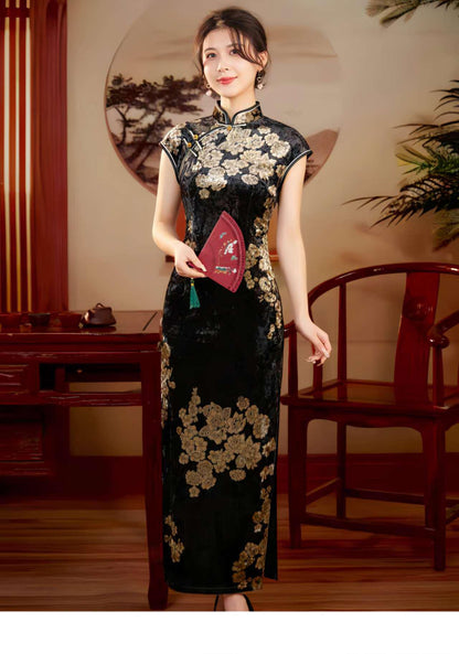Women's Black Vintage Velvet Qipao Cheongsam Dress – additional product view