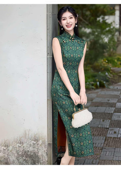 Women's Green Vintage Qipao Cheongsam Dress – Brocade Printed – additional product view