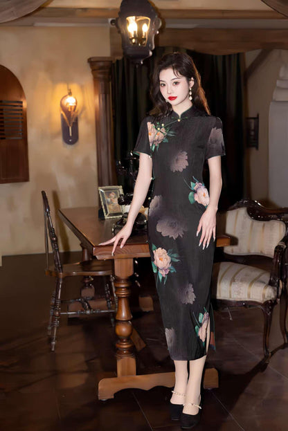 Women's Black Floral Qipao Cheongsam Dress – Satin – additional product view