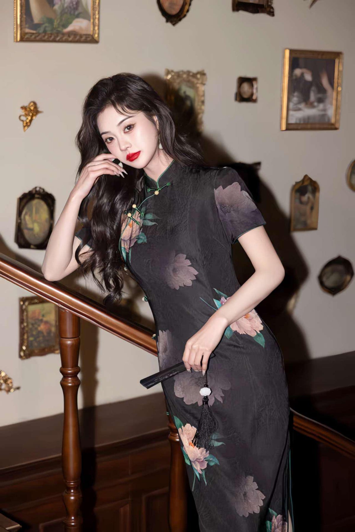 Women's Black Floral Qipao Cheongsam Dress – Satin – additional product view