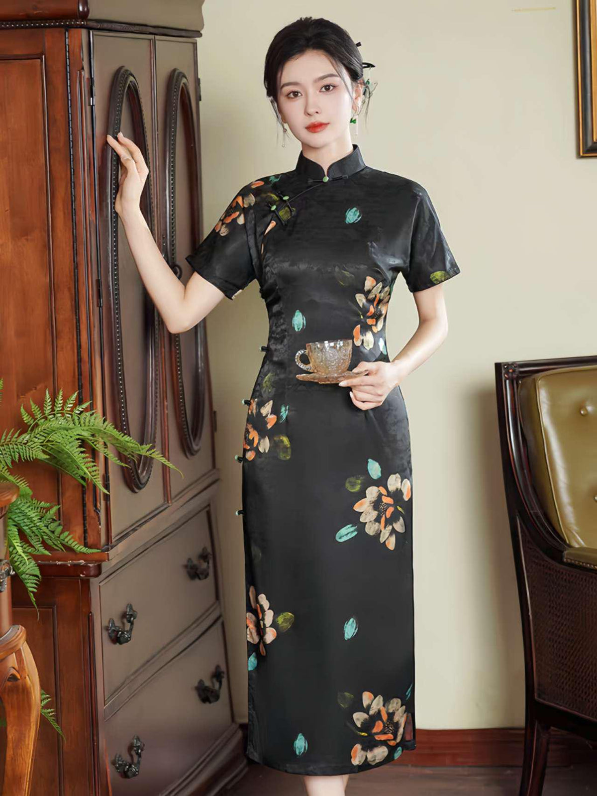 Women's Black Jacquard Qipao Cheongsam Dress