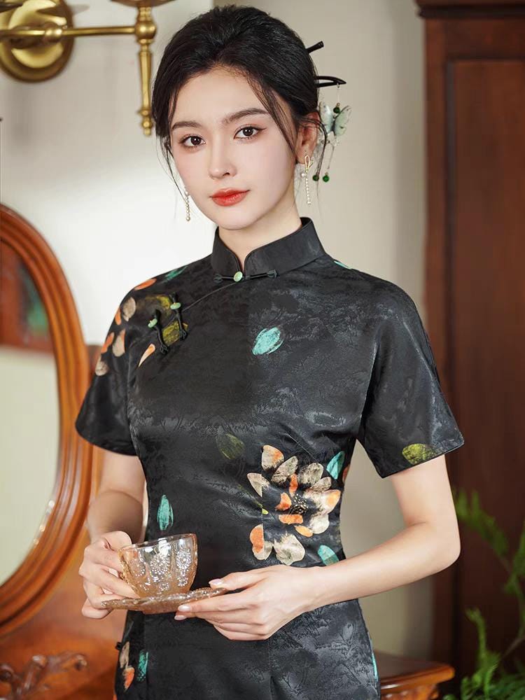 Women's Black Jacquard Qipao Cheongsam Dress – additional product view