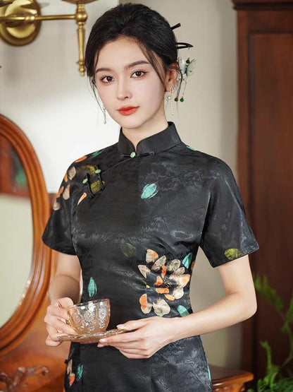 Women's Black Jacquard Qipao Cheongsam Dress – additional product view
