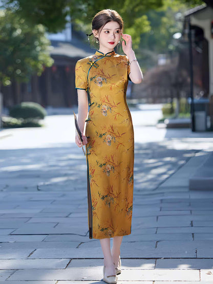 Women's Floral Qipao Cheongsam Dress – Yellow Acetate – additional product view