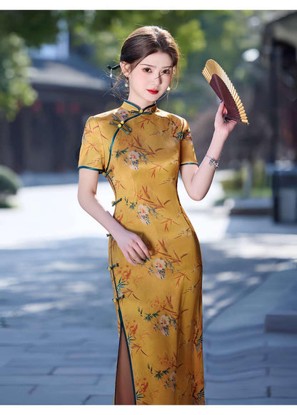 Women's Floral Qipao Cheongsam Dress – Yellow Acetate – additional product view