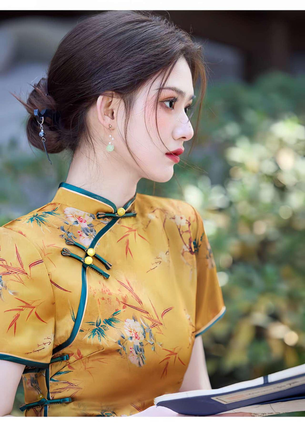 Women's Floral Qipao Cheongsam Dress – Yellow Acetate – additional product view