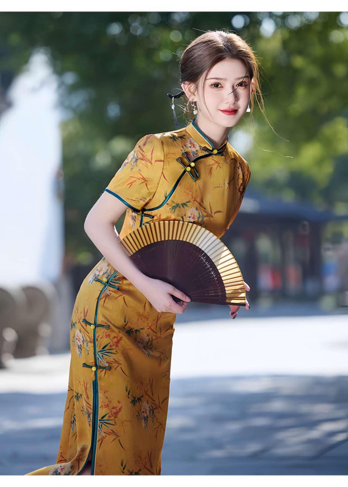 Women's Floral Qipao Cheongsam Dress – Yellow Acetate – additional product view