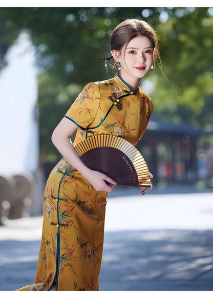 Women's Floral Qipao Cheongsam Dress – Yellow Acetate – additional product view