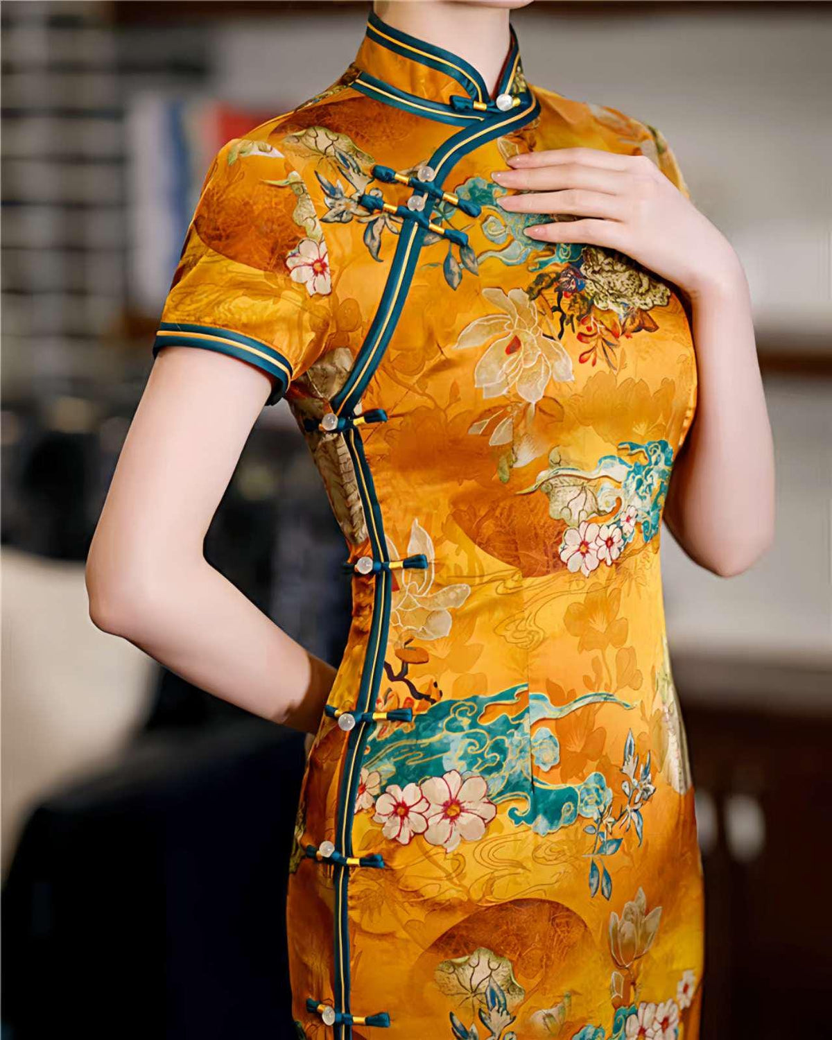 Women's Floral Satin Qipao Cheongsam Dress – Yellow – additional product view
