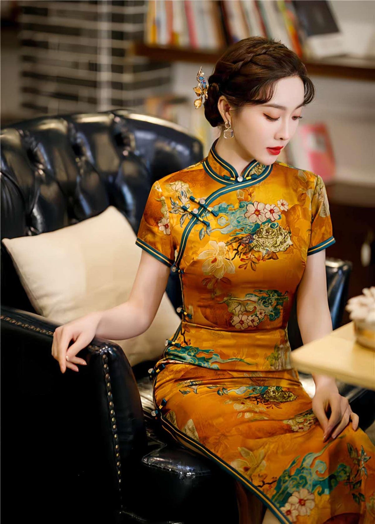 Women's Floral Satin Qipao Cheongsam Dress – Yellow – additional product view